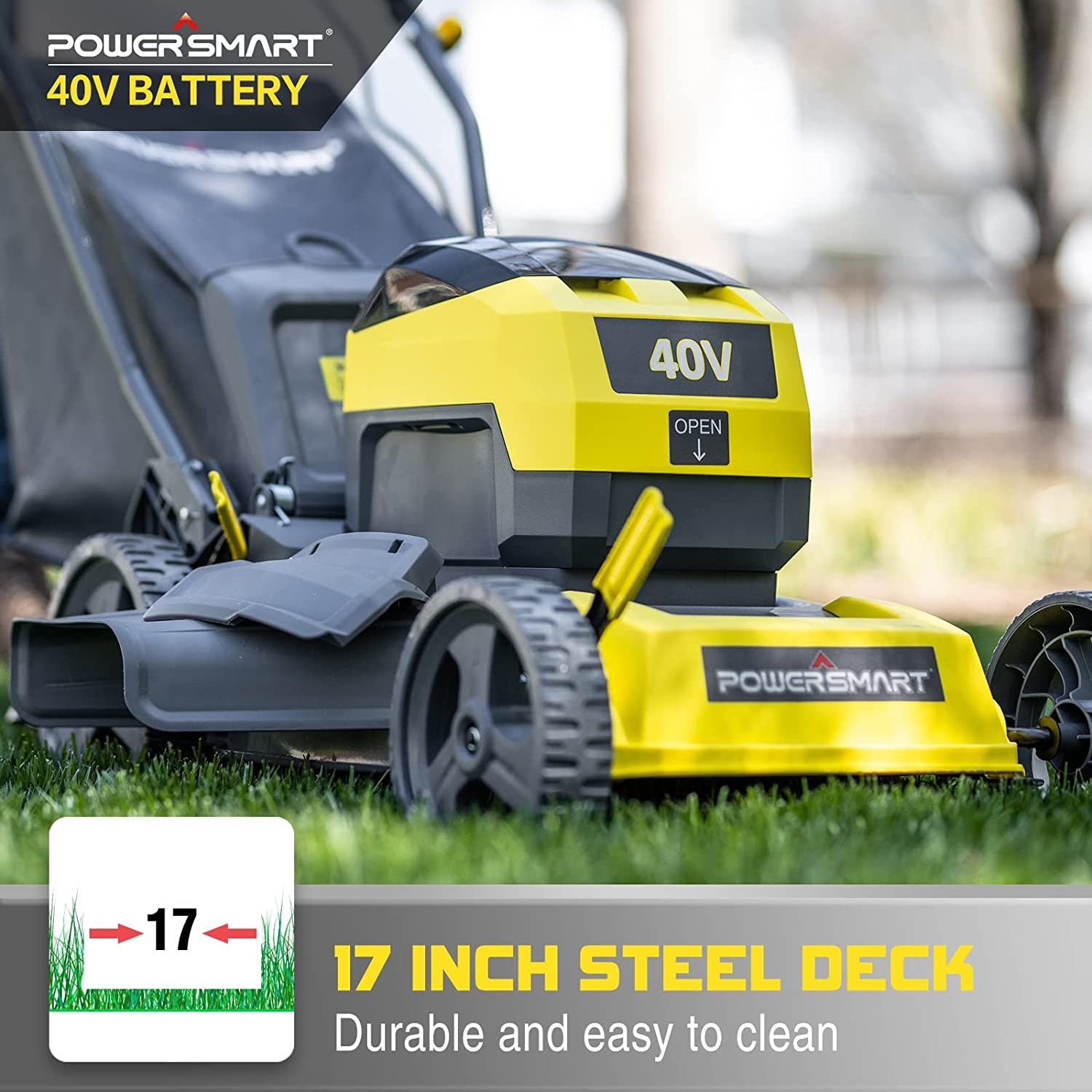 A Cordless Electric Lawn Mower F4017 Yellow with a yellow and black design, featuring a lithium battery and a detached charger.