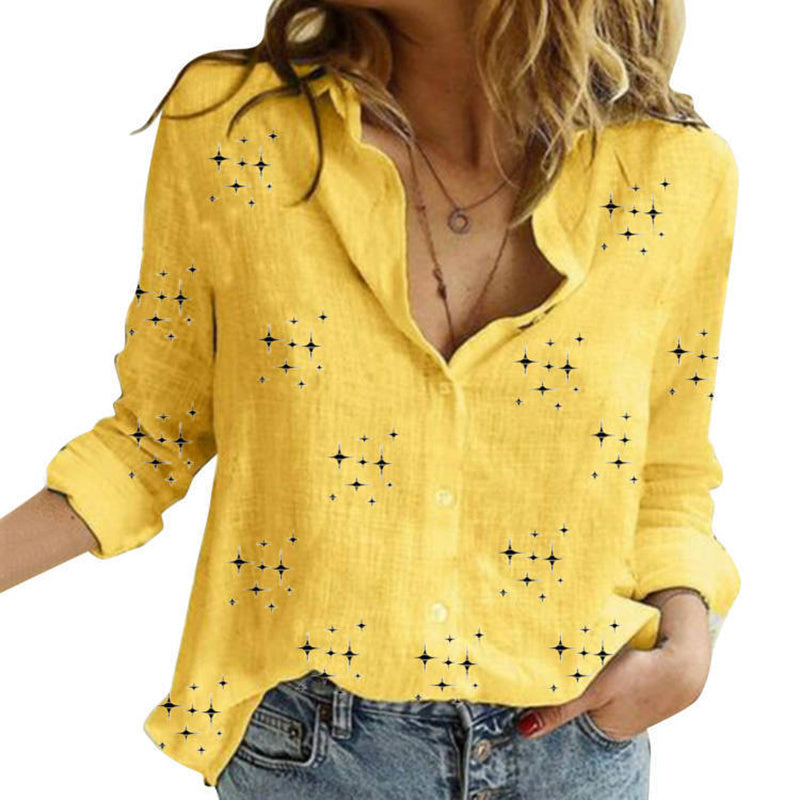 A woman wearing a Leisure White Yellow Shirts Button Lapel Cardigan Top adorned with small silver stars and partially rolled-up sleeves, paired with denim jeans.