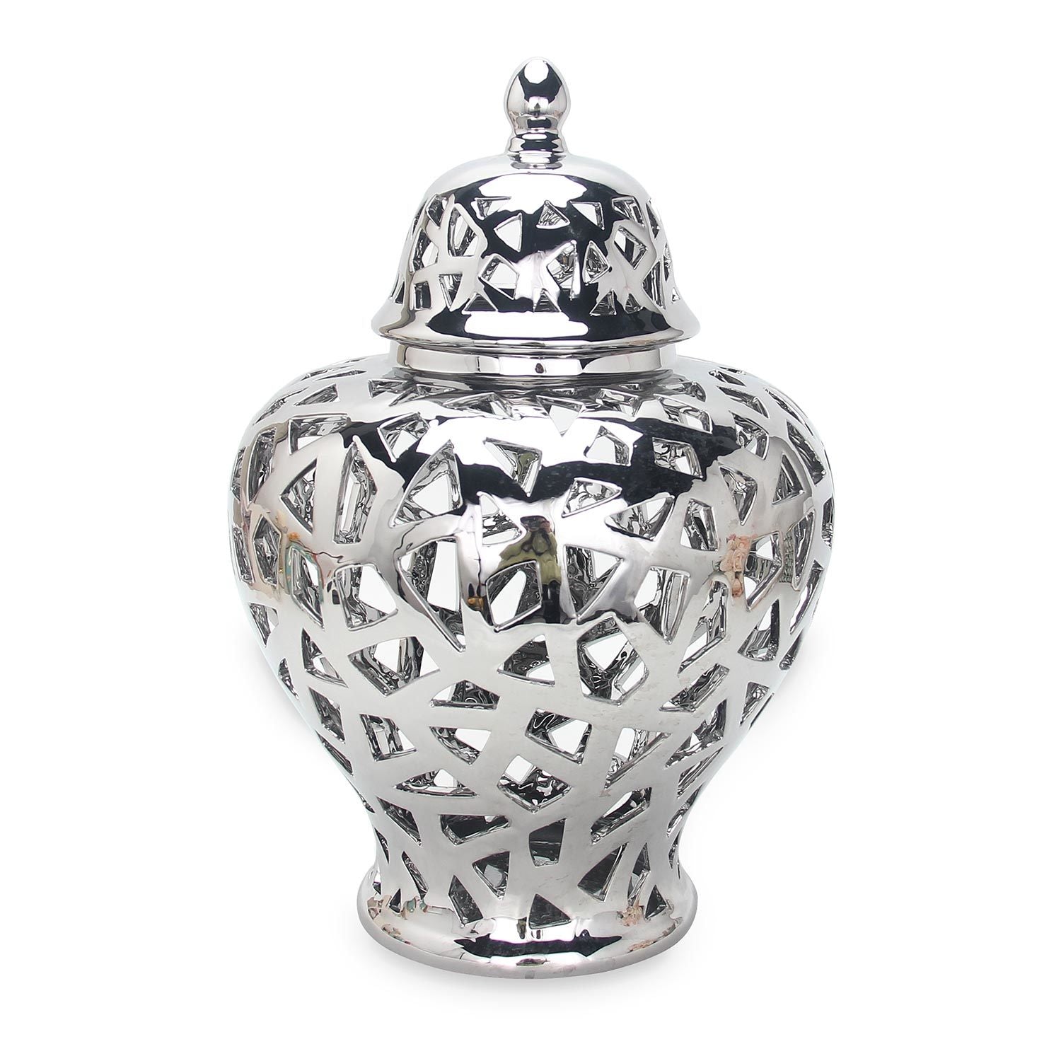 The Silver Ceramic Ginger Jar Vase with Decorative Design is a reflective silver ceramic vase that comes with a fitted decorative lid and features an intricate cut-out pattern. This exquisite piece of home decor adds elegance to any space.