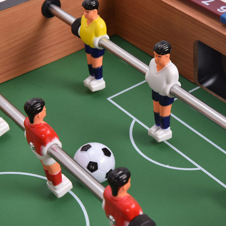 A Family Fun Games Indoor/Outdoor Competition Game Soccer Table with a white background, featuring a MDF frame and steel rods.