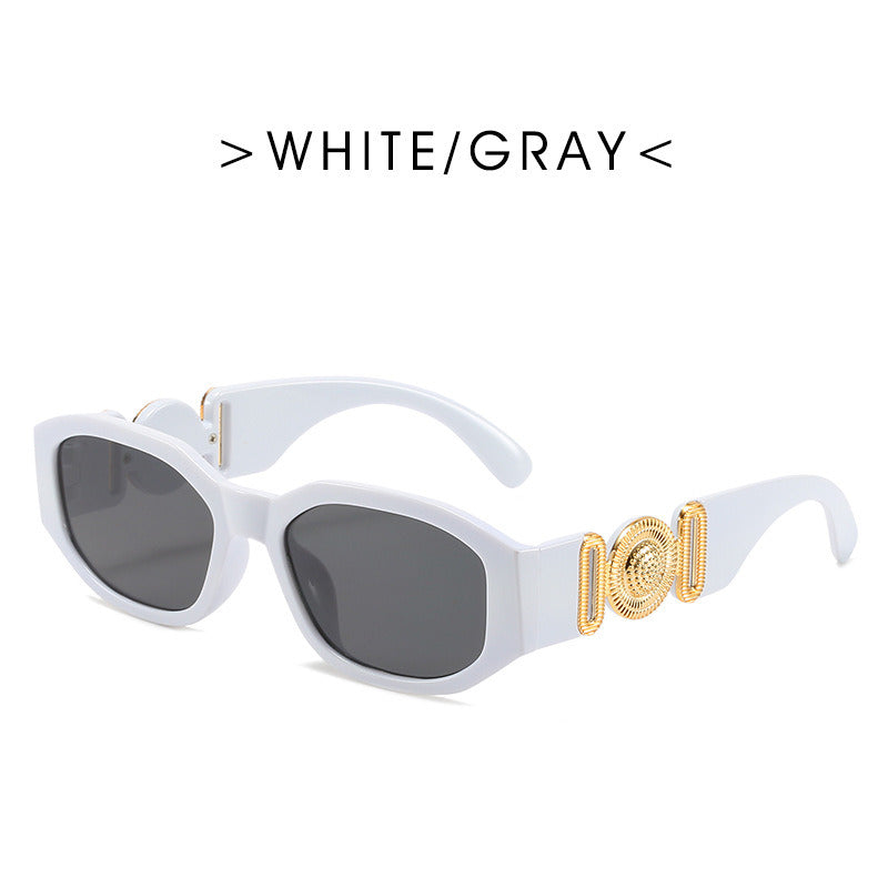 Fashion Small Square Sunglasses Women Retro Shades UV400 Black Brown Ocean Gradient Lens Men Club Sun Glasses with thick frames and UV blocking gray lenses, featuring a decorative golden coil on the temples, against a white background.