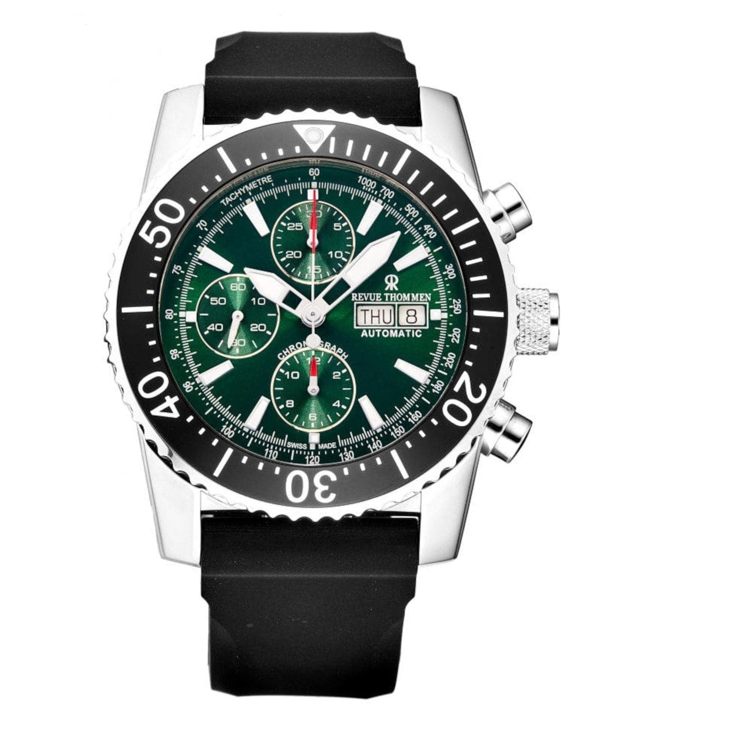 The Revue Thommen 17030.6522 Men's 'Air Speed' Green Dial Rubber Strap Chronograph Automatic Watch features a green dial and is set against a white background.