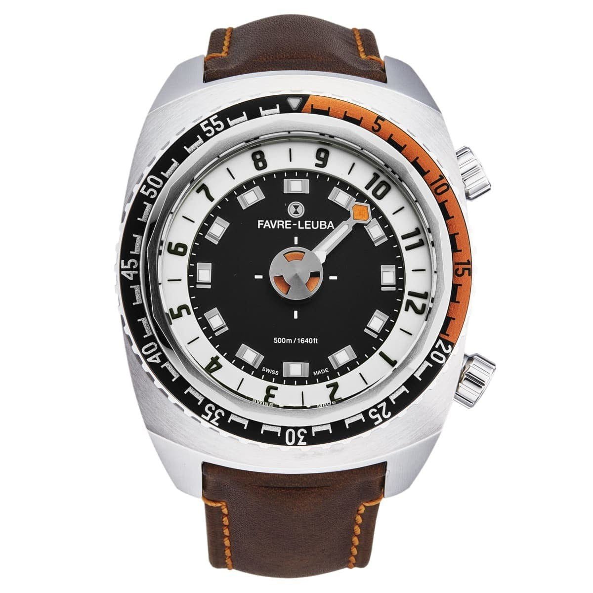 An Favre-Leuba Men's 00.10101.08.13.44 'Raider Harpoon' Black White Dial Brown Leather Strap Automatic Watch, with a black and orange color scheme set against a white background