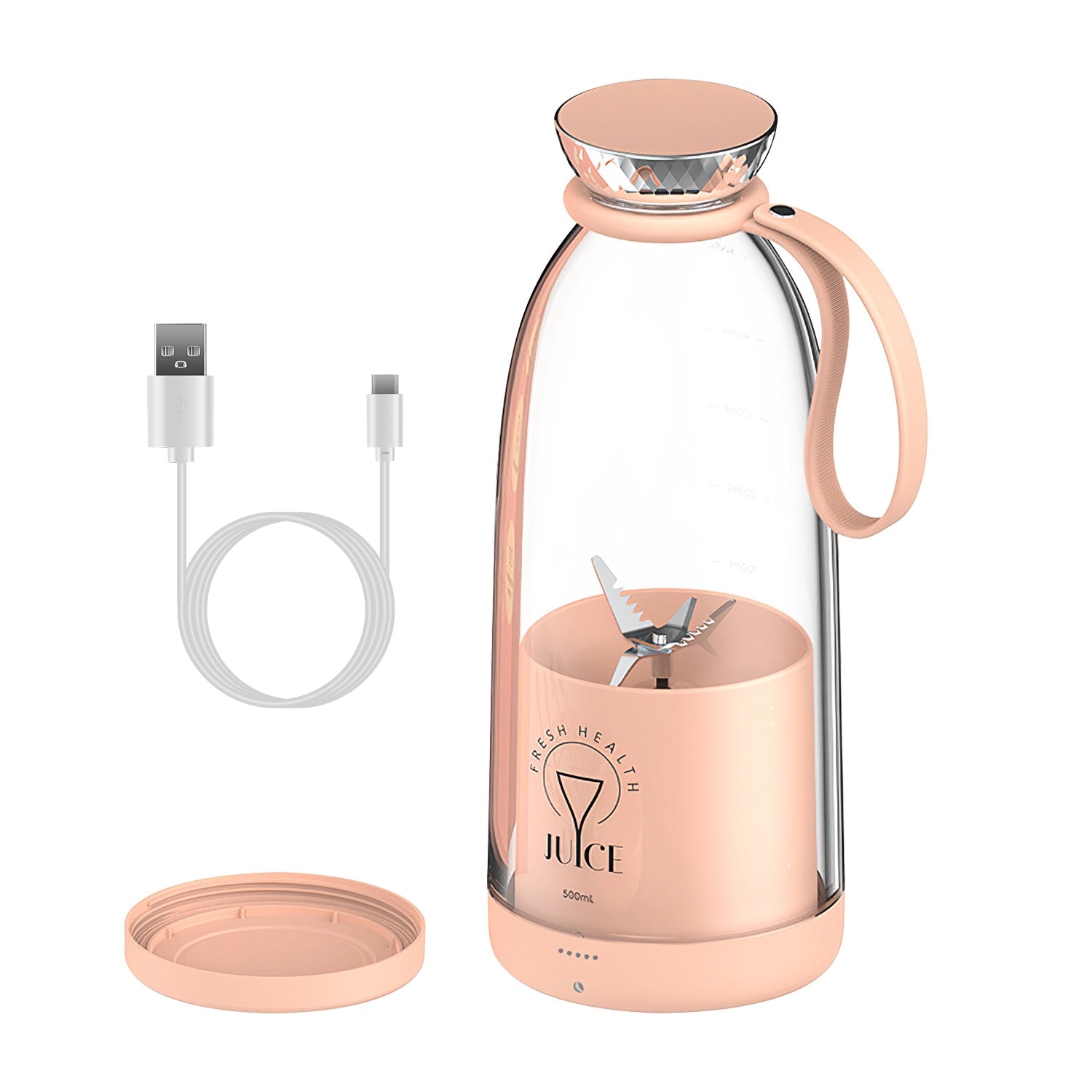 A portable glass water bottle with a USB charger and 16.9OZ Portable Fruit Blender Electric Rechargeable Juice Cup for Shakes Smoothies Juice Personal Fruit Mixer with 6 Blades capacity.