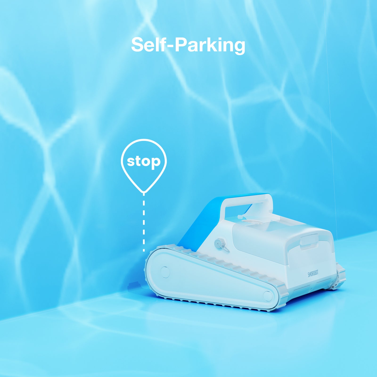 A compact, blue-and-white robotic pool cleaner with tank-like treads and a brush roller on its underside. The brand name "SMOROBOT Cordless Robotic Pool Cleaner – Automatic Wall Climbing Pool Vacuum Cleaner, Smart Navigation, Self-Parking, Lasts 150 Mins with 130W Suction Power, Ideal for In-Ground Pools up to 2500 ft²" is printed on its front. This wall climbing robot ensures every inch of your pool is spotless.