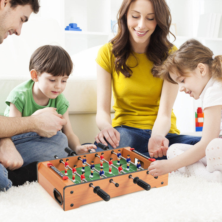 A portable and convenient 20 Inch Indoor Competition Game Soccer Table with balls and a box.
