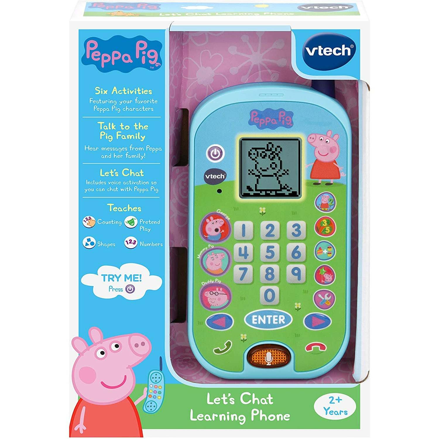 A VTech Peppa Pig Let's Chat Learning Phone featuring a Peppa Pig design, numeric keypad, function buttons, and a small screen displaying a Peppa Pig image. It also offers voice-activated conversations and fun learning games for an engaging playtime experience.