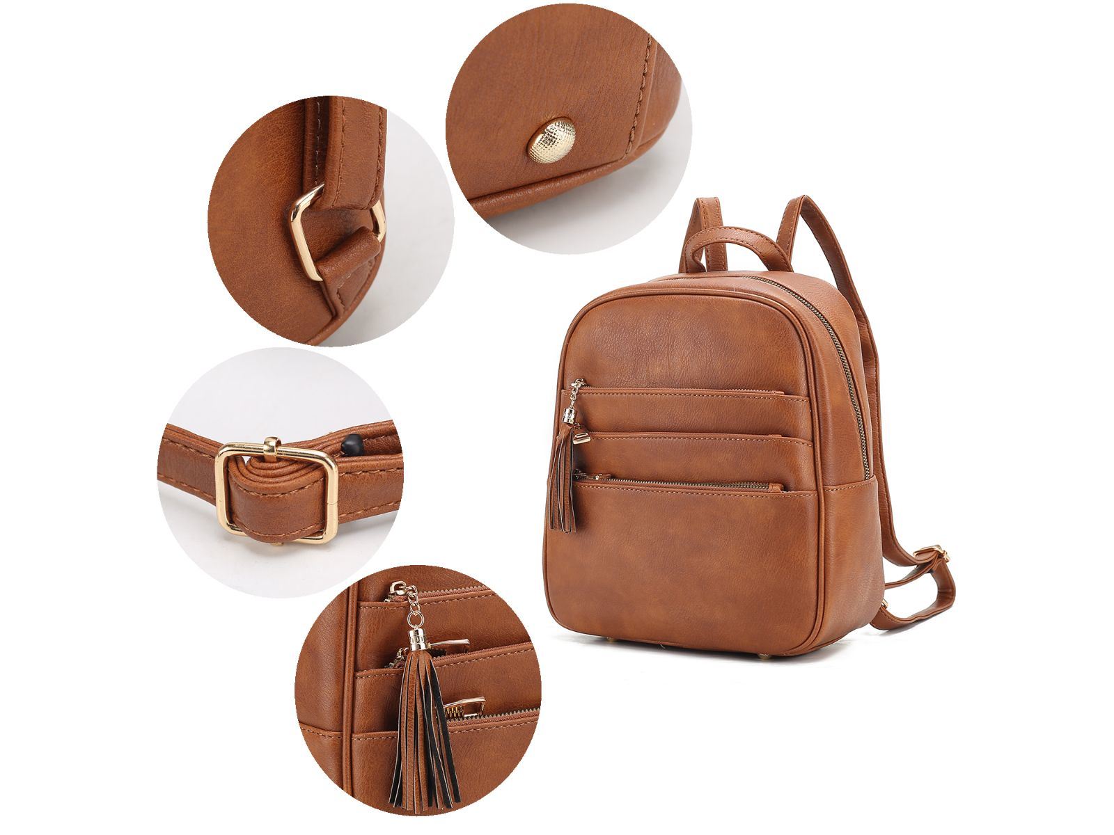 Two MKF Collection Roxane Vegan Leather Women's Backpacks with Mini Backpack and Wristlet Pouch- 3 pieces by Mia k, and a wallet.