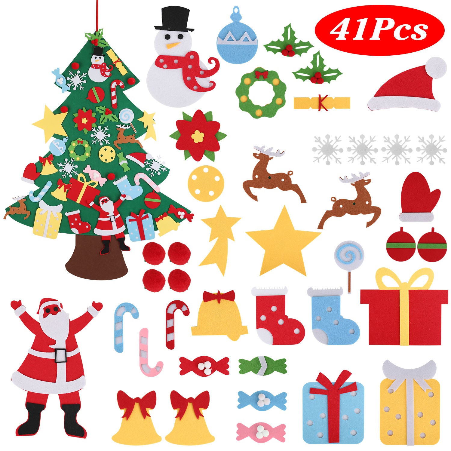 A set of visually appealing DIY Felt Christmas Trees 41Pcs Detachable Ornaments for Kids Toddler Wall Hanging Christmas Decorations Xmas Gift that feature Santa, reindeer, and Santa Claus.