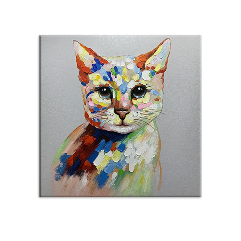 Modern children room decoration lovely pet cat picture art hand-painted abstract oil painting animal canvas wall art pieces with a vibrant, multi-colored pattern.