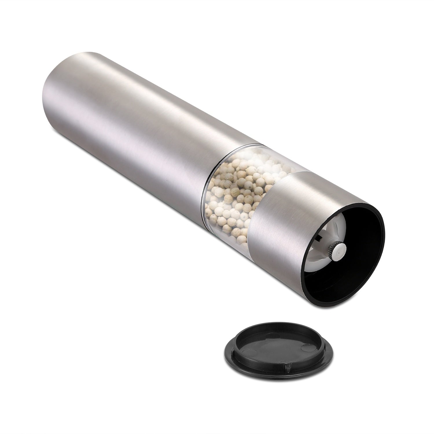 An Electric Salt Pepper Grinder with Light Adjustable Coarseness Stainless Steel Salt Pepper Shaker on a white background, offering convenient one-hand operation and saving time & energy.