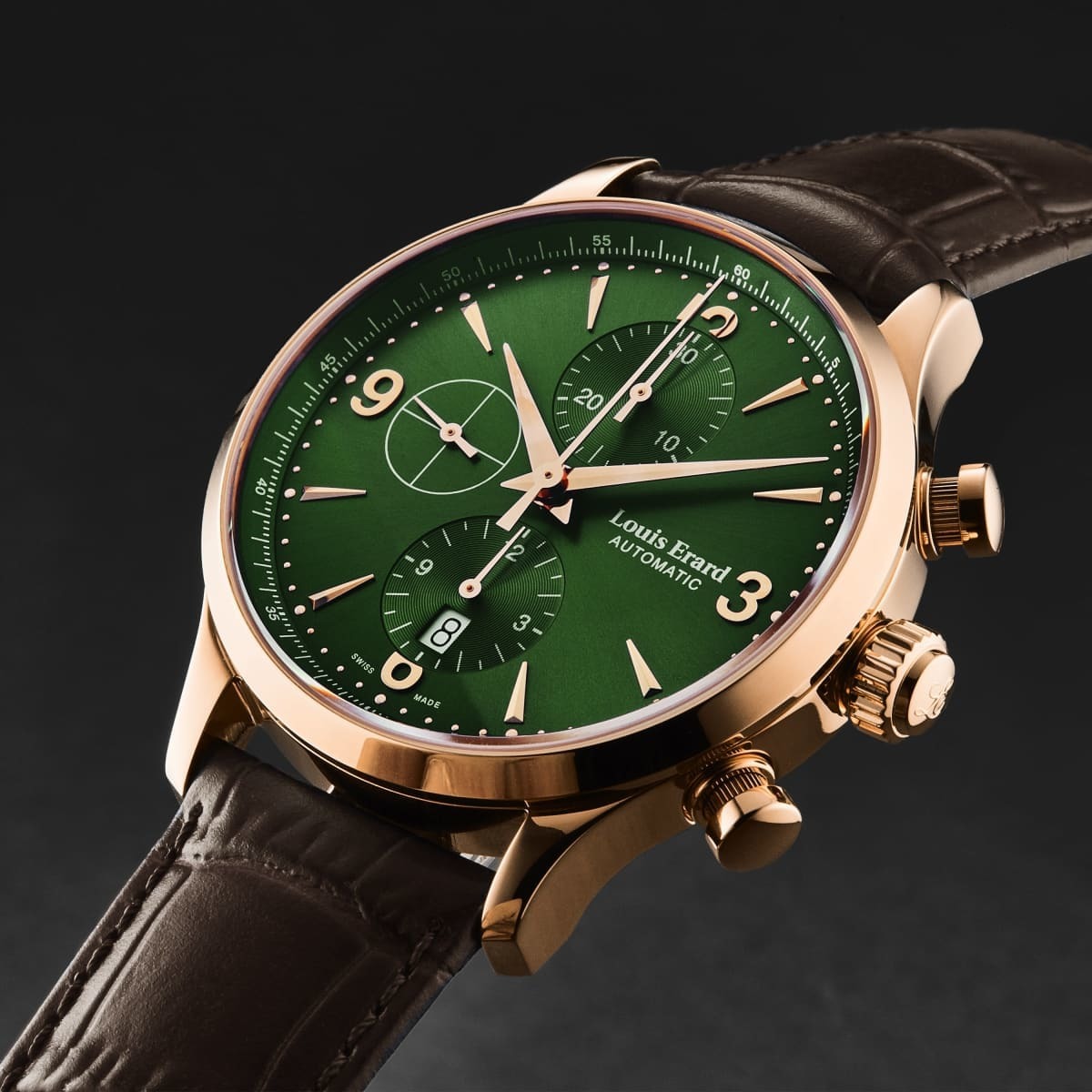 A Louis Erard Men's '1931' Chronograph Green Dial Brown Leather Strap Automatic Watch 78225PR19.BRC03 with a green dial and brown leather strap.