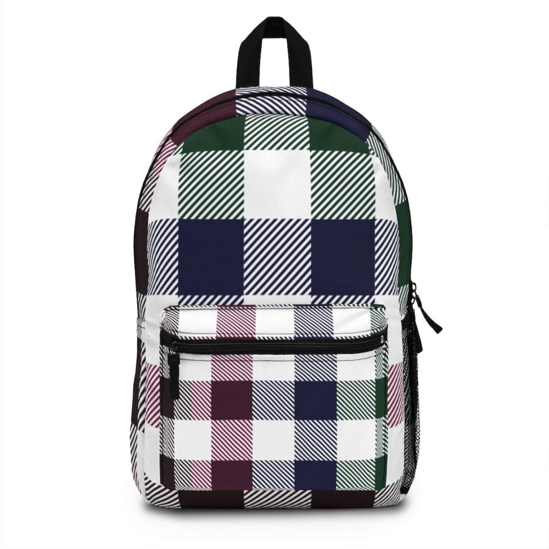 A Doba Canvas Double Shoulder Strap Plaid Grid Design Backpack Bag in White and Multicolor on a white background.