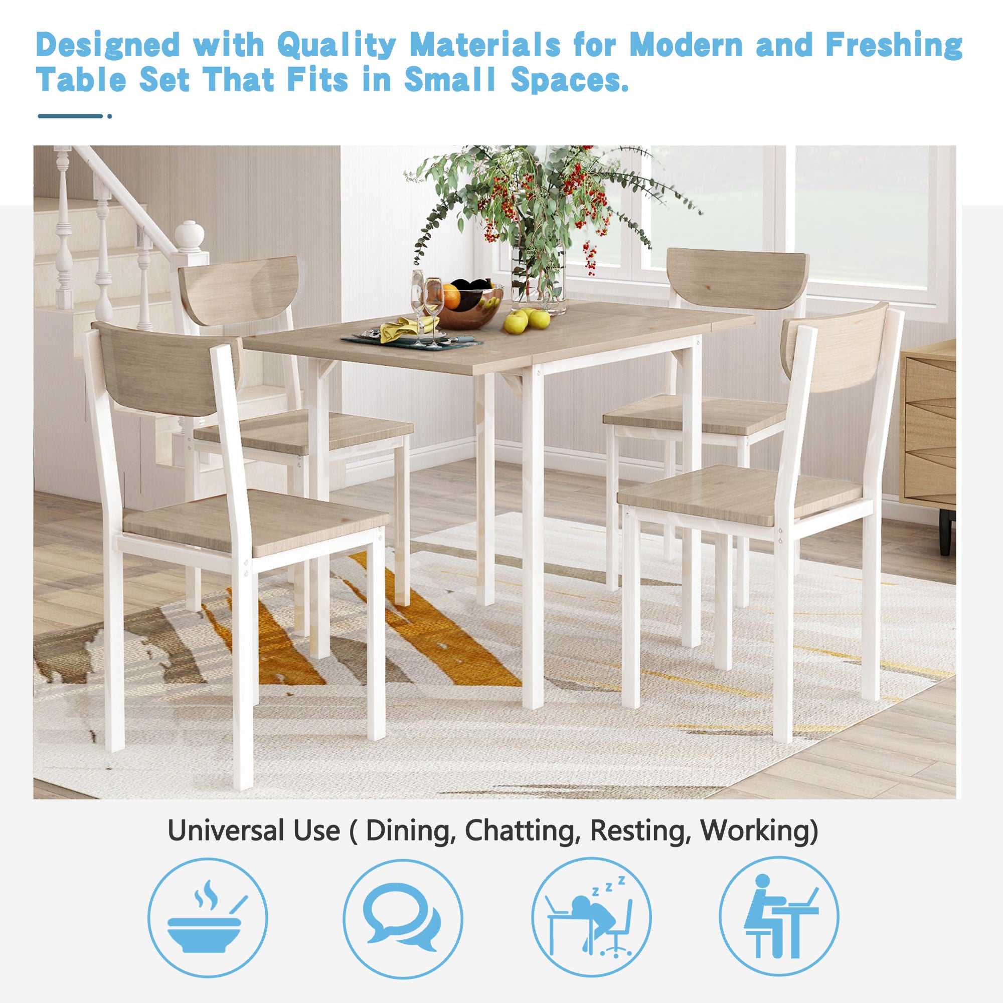 TOPMAX 5-piece Modern Metal Dining Set with 1 Drop Leaf Dining Table and 4 chairs Home Kitchen Furniture Dinette Set (Oak Finish)