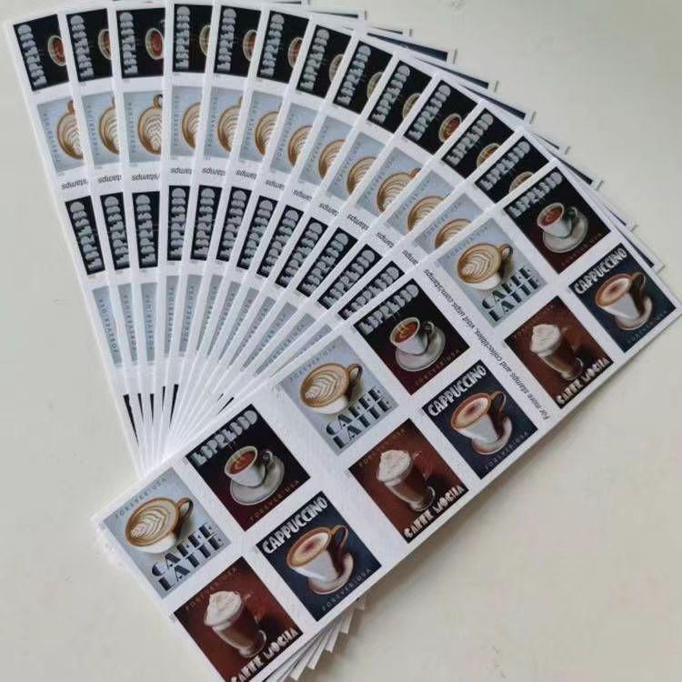 A fan-shaped array of postage stamps featuring various Espresso Drinks 2021 - 5 Booklets / 100 Pcs designs on a white background.