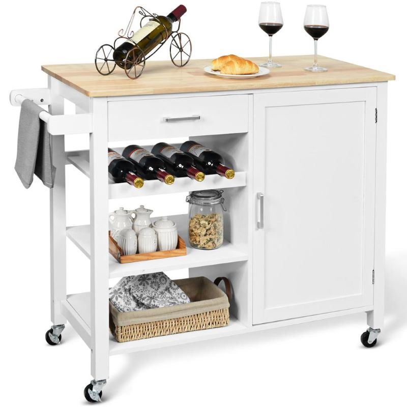 A waterproof Rolling Storage Cabinet Kitchen Cart For Home And Bar Commercial Usage with spacious shelves and bread on it.