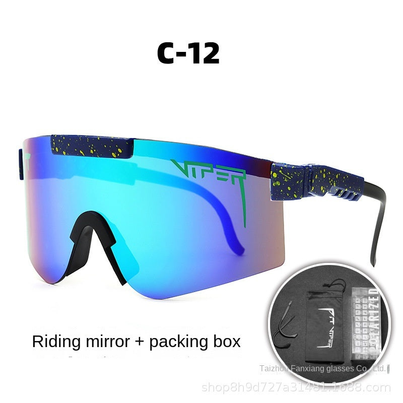 A pair of Pits Viper Riding Glasses Outdoor Sports Sunglasses for men, featuring "VIPER" branding on the lens and frame, with a red and white pattern on the arms. Designed for outdoor sports, they offer UV400 protection and come labeled "C-21," including a riding mirror and packing box.