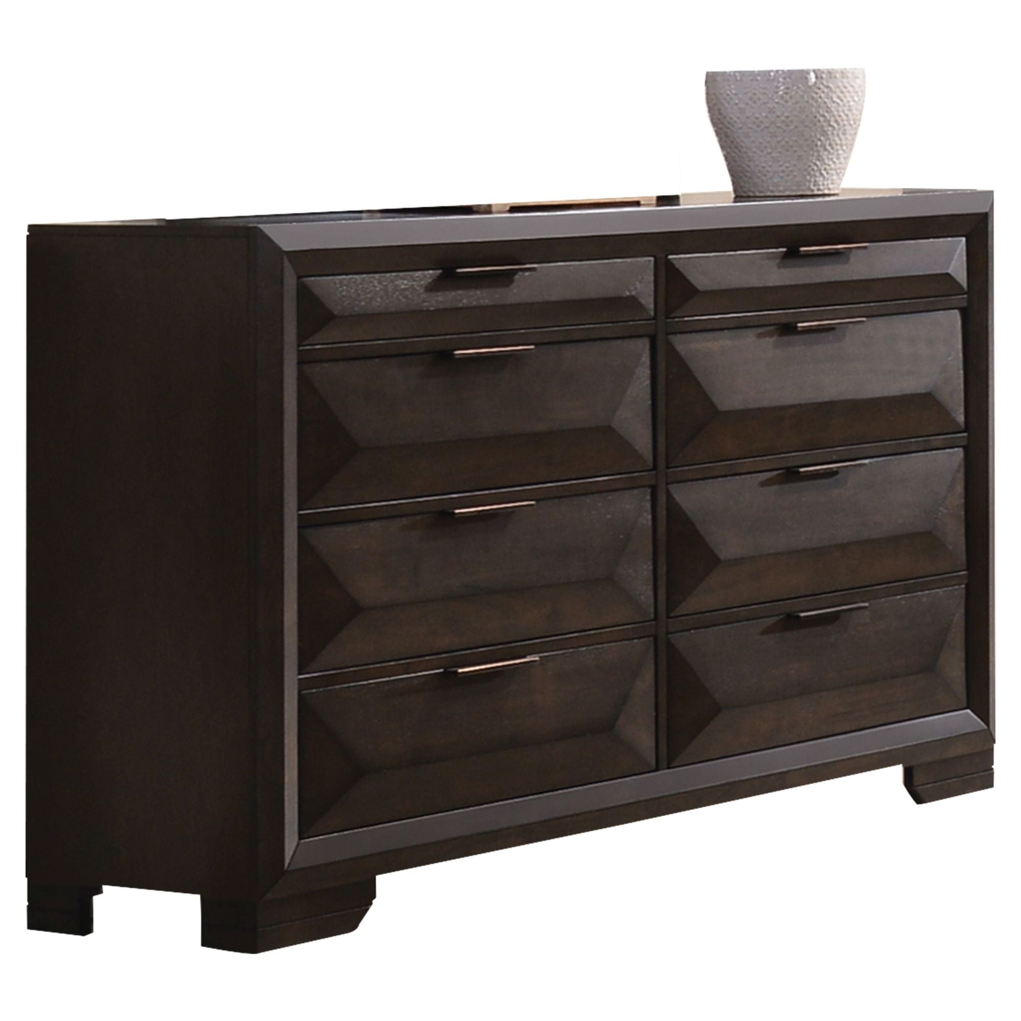 A Merveille Dresser in Espresso YJ with drawers and mirror.