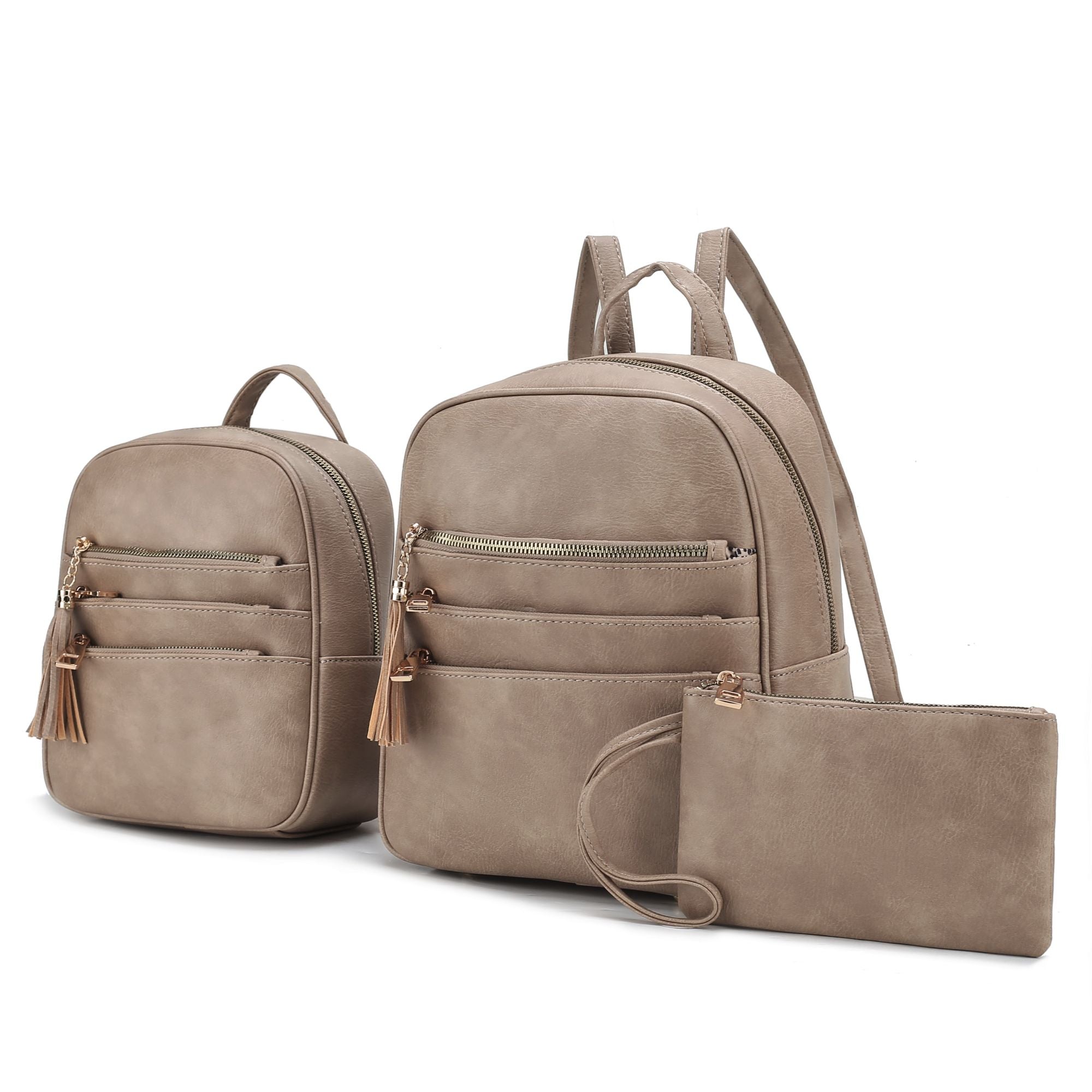 Two MKF Collection Roxane Vegan Leather Women's Backpacks with Mini Backpack and Wristlet Pouch- 3 pieces by Mia k, and a wallet.