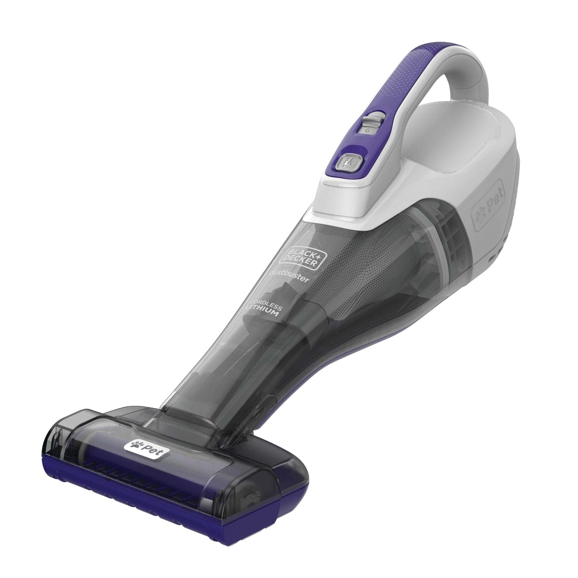 A Furbuster Cordless Pet Hand Vacuum with a purple handle.