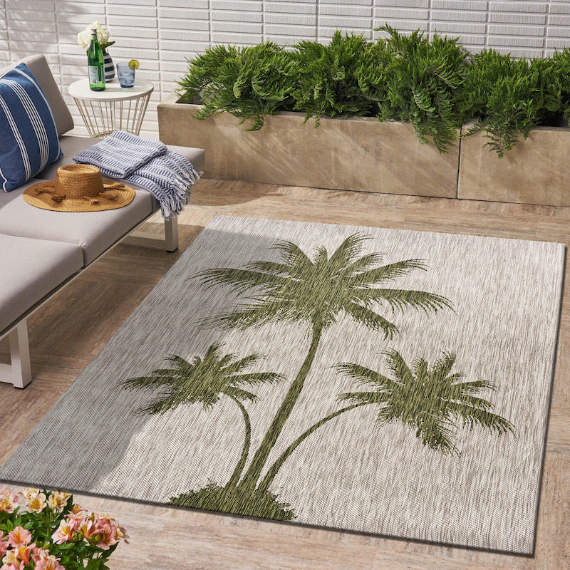 Embroidered palm trees on a Home Decor Indoor/Outdoor Accent Rug Natural Stylish Classic Pattern Design background.