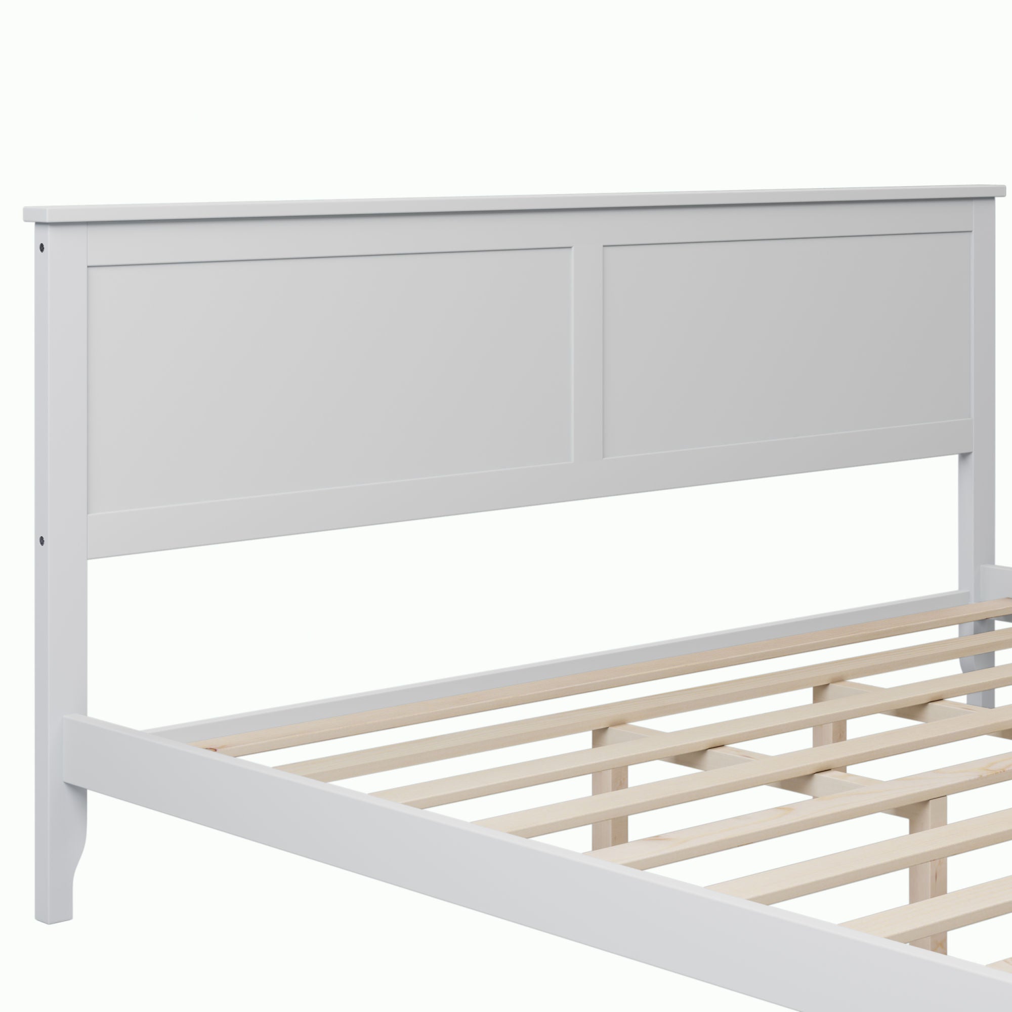 A Modern White Solid Wood King Platform Bed with a wooden headboard and footboard.