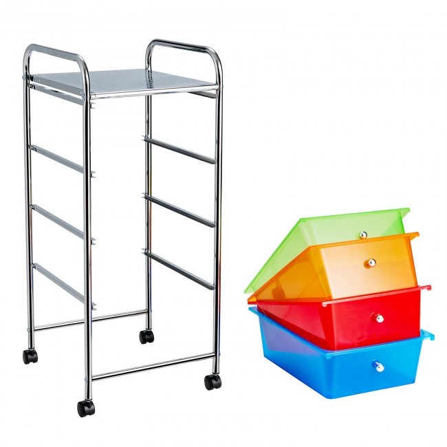 A metal storage cart with shelves next to a stack of colorful 4-Drawer Cart Storage Bin Organizer Rolling with Plastic Drawers in red, blue, green, and orange.