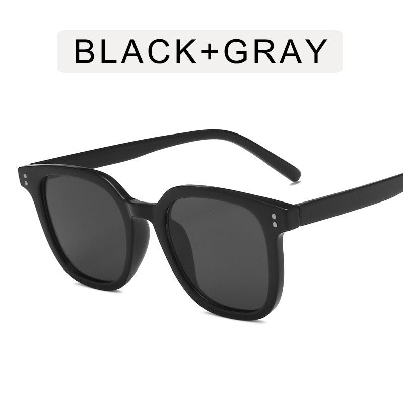 Fashion Square Sunglasses Women Rivets Oversized Sunglass Vintage Sun Glass Men Driving Eyewear UV400 Green Yellow Shades with UV blocking lenses and the text "black+tea" above them on a white background.