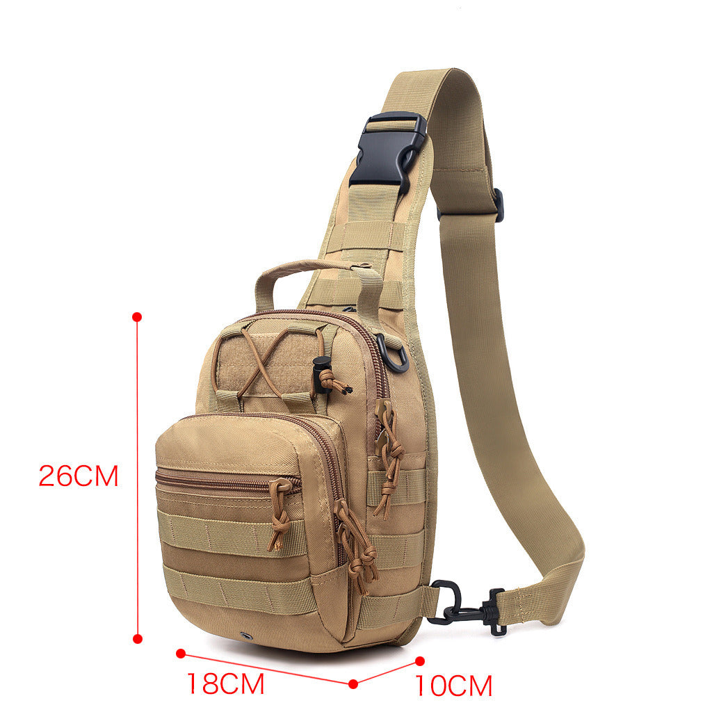 The Men Backpack Tactical Sling Bag Chest Shoulder Body Molle Day Pack Pouch with a camouflage pattern and multiple compartments, displayed against a white background.