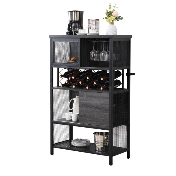 An Industrial Bar Cabinet with Wine Rack for Liquor and Glasses; Wood and Metal Cabinet for Home Kitchen Storage Cabinet with shelves and drawers that functions as a storage cabinet.