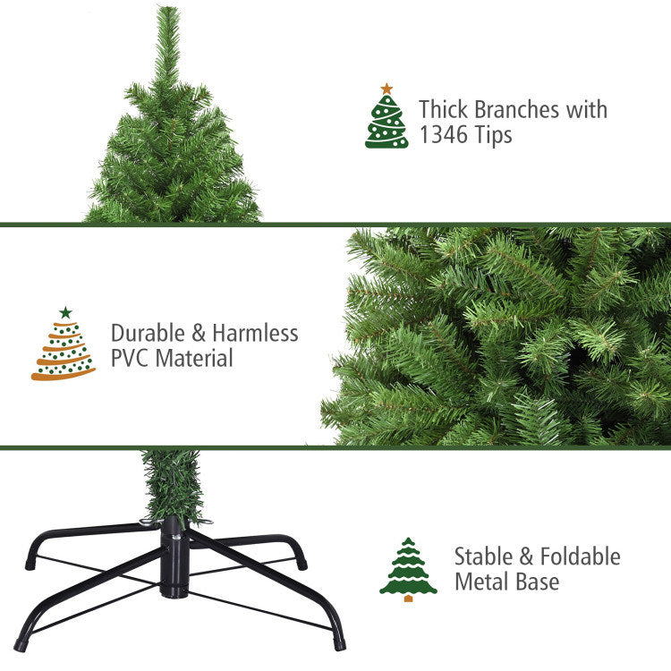 An eye-catching man is standing next to a 6/7.5/9ft Premium Artificial Hinged PVC Christmas Tree with Metal Stand.