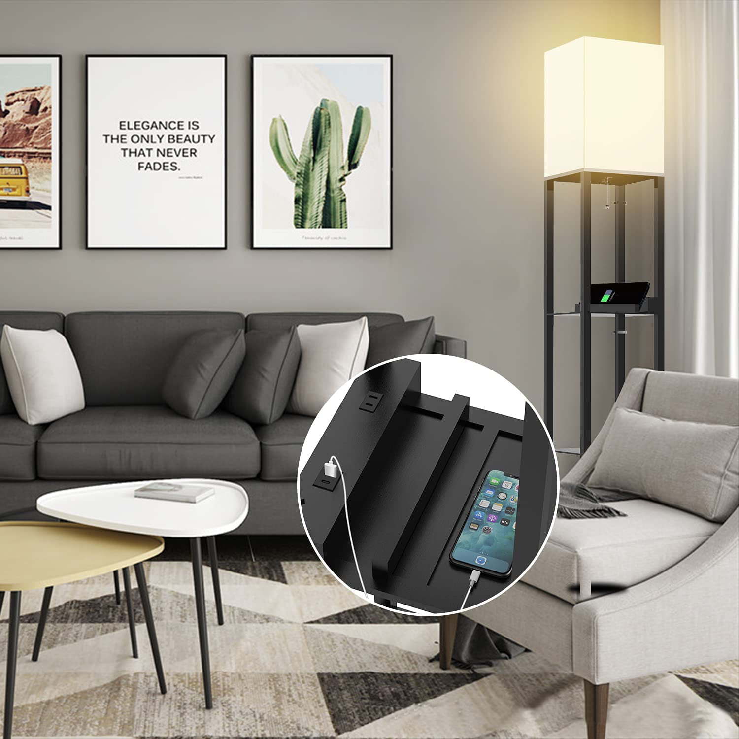 Floor Lamp with Shelf; Solid Wood Shelf Floor Lamp with 2 Charging Ports and 1 Power Outlet; Bedroom Floor Lamp; Living Room Lamp; Matte Black floor lamp with built-in shelves and USB charging ports, shown charging multiple devices, with an inset close-up on the charging slot.