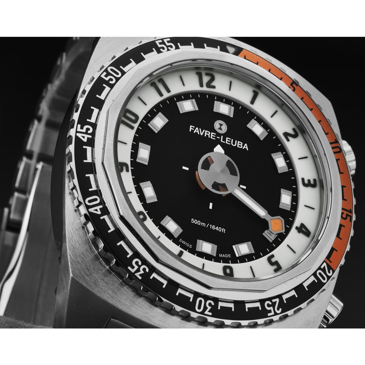 A Favre-Leuba Men's 00.10101.08.13.20 'Raider Harpoon' Black White Dial Stainless Steel Bracelet Automatic Watch with a black and orange design, showcased on a white background.