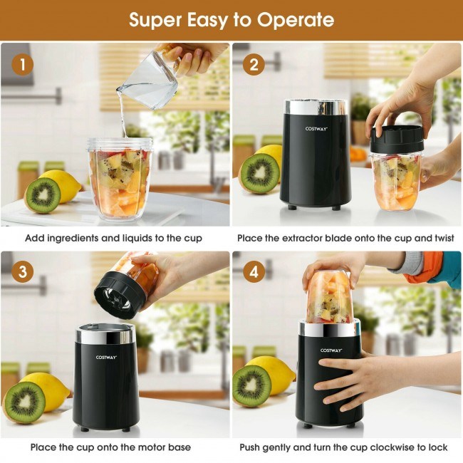 A 1000W Portable Blender with 6-Blade Design with fresh fruit ready to be blended, alongside a prepared smoothie and additional fruits.