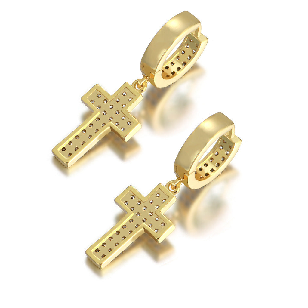 A pair of Double Row Zircon Cross Earrings Micro-set Zircon Hip Hop Personalized Men's Earrings, one gold and one silver, each adorned with a cross pendant encrusted with small diamonds, displayed on a white background.