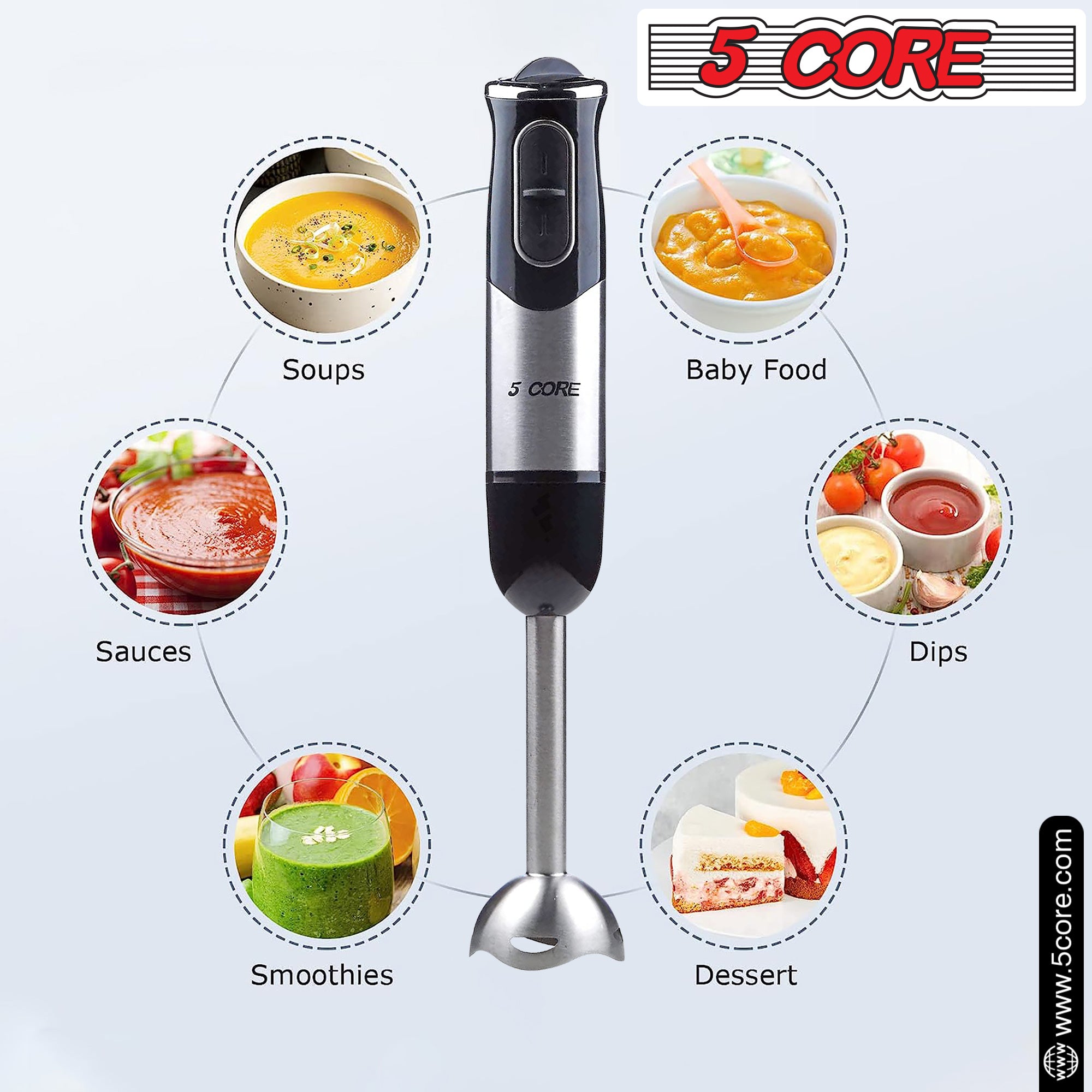 A Hand Held Blender Stick 500 WATT Immersion 2 Speed Turbo Mixer 2 Titanium Blades HB 1510 surrounded by fruits and juices.