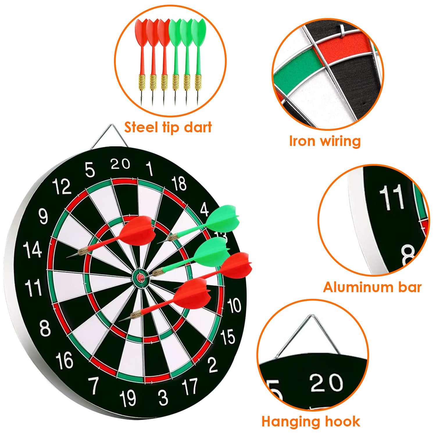 16in Dart Board Game Set 6 Steel Tip Darts Double-sided Dartboard Outdoor Indoor Party Game Set with six darts (three red, three green) embedded in various scoring areas, isolated on a white background.