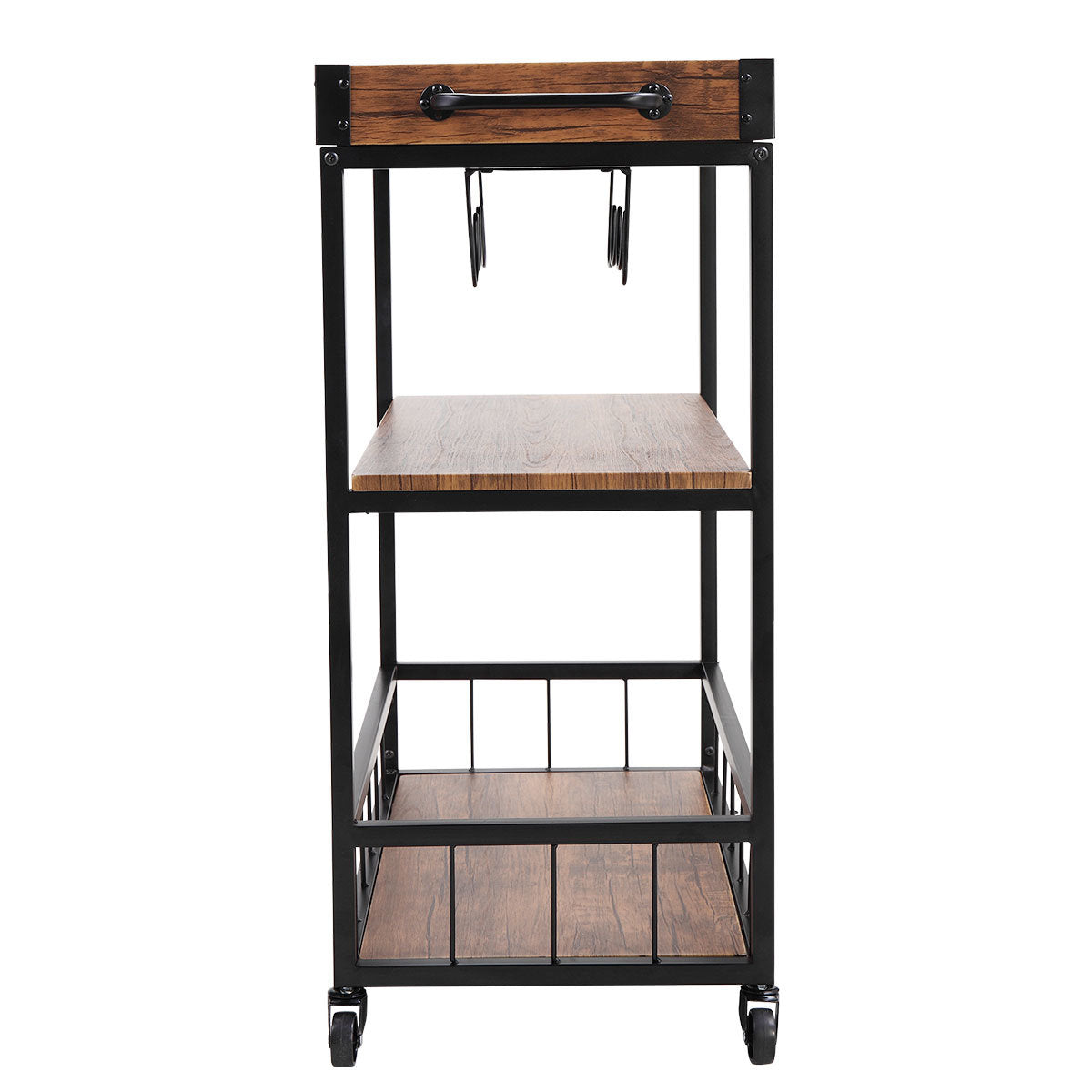 3-Tier Industrial Bar Serving Cart; Mobile Kitchen Storage Cart with Casters and Removable Tray; Wood Metal Serving Trolley for Home Dining Room; Brown and Black