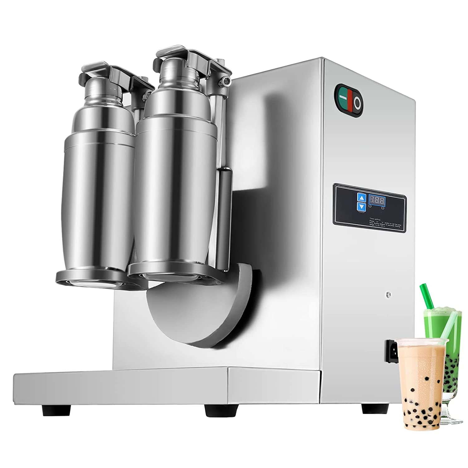 Commercial bubble tea shaking machine with two stainless steel shakers.
Product Name: 110V Electric Milk Tea Shaker Machine,120W Stainless Steel Double-Cup Shaker Machine, Silver