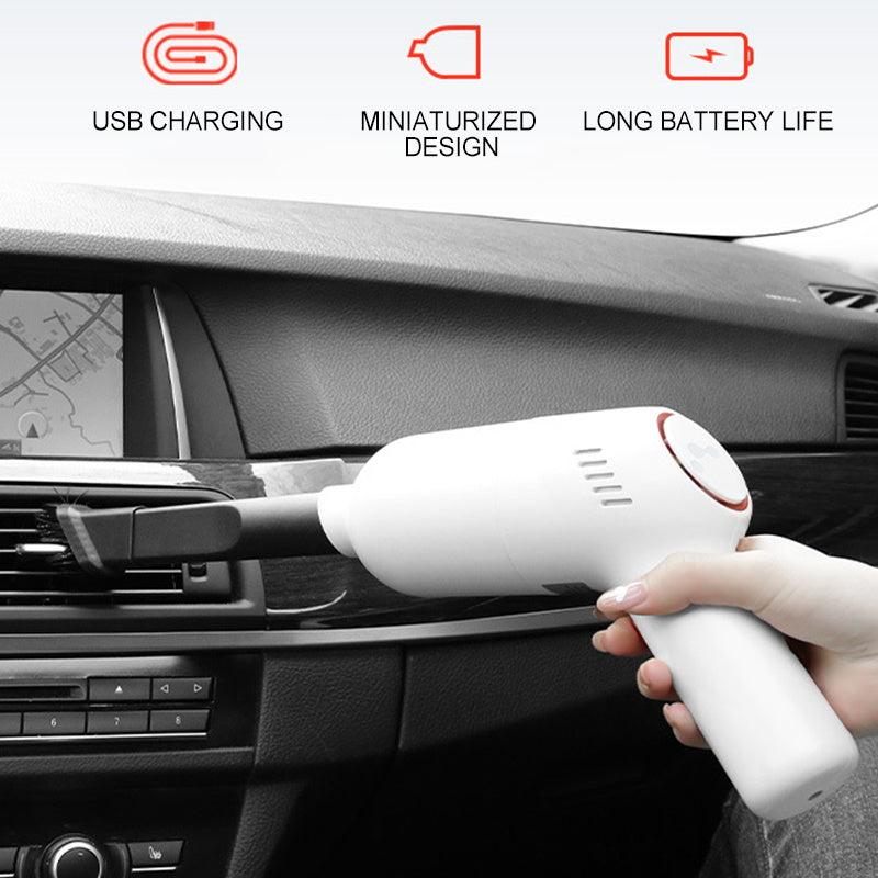 A 9000Pa Wireless Car Vacuum Cleaner Cordless Handheld Auto Vacuum Mini Gun style Portable USB Cleaner Home Car Dual Cleaner Tools with attachments displayed against a gray background, emphasized by the text "9000pa large suction.