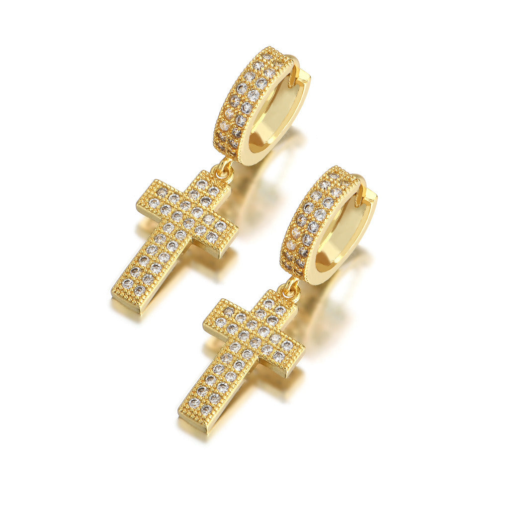 A pair of Double Row Zircon Cross Earrings Micro-set Zircon Hip Hop Personalized Men's Earrings, one gold and one silver, each adorned with a cross pendant encrusted with small diamonds, displayed on a white background.