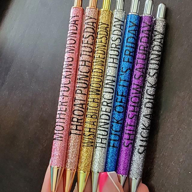 A set of 7pcs Spoof Fun Ballpoint Pens Describing Mentality, each labeled with humorous, profane names for days of the week.