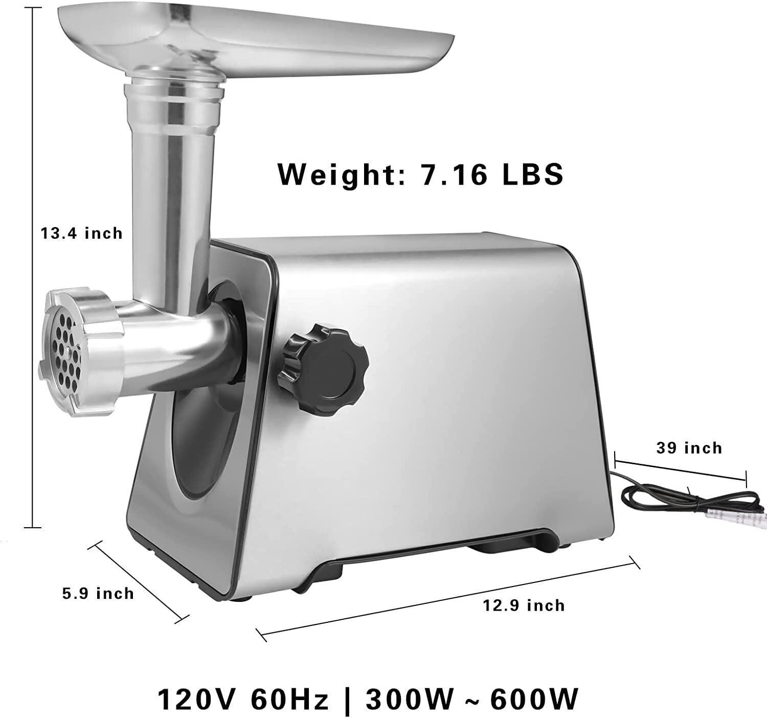 A Simple Deluxe Electric Meat Grinder with meat and other ingredients.