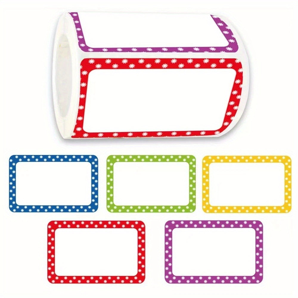 A roll of My Name Is Stickers Mark Tag Personalised Labels Sticker in red, blue, green, and purple featuring a white border and star pattern.