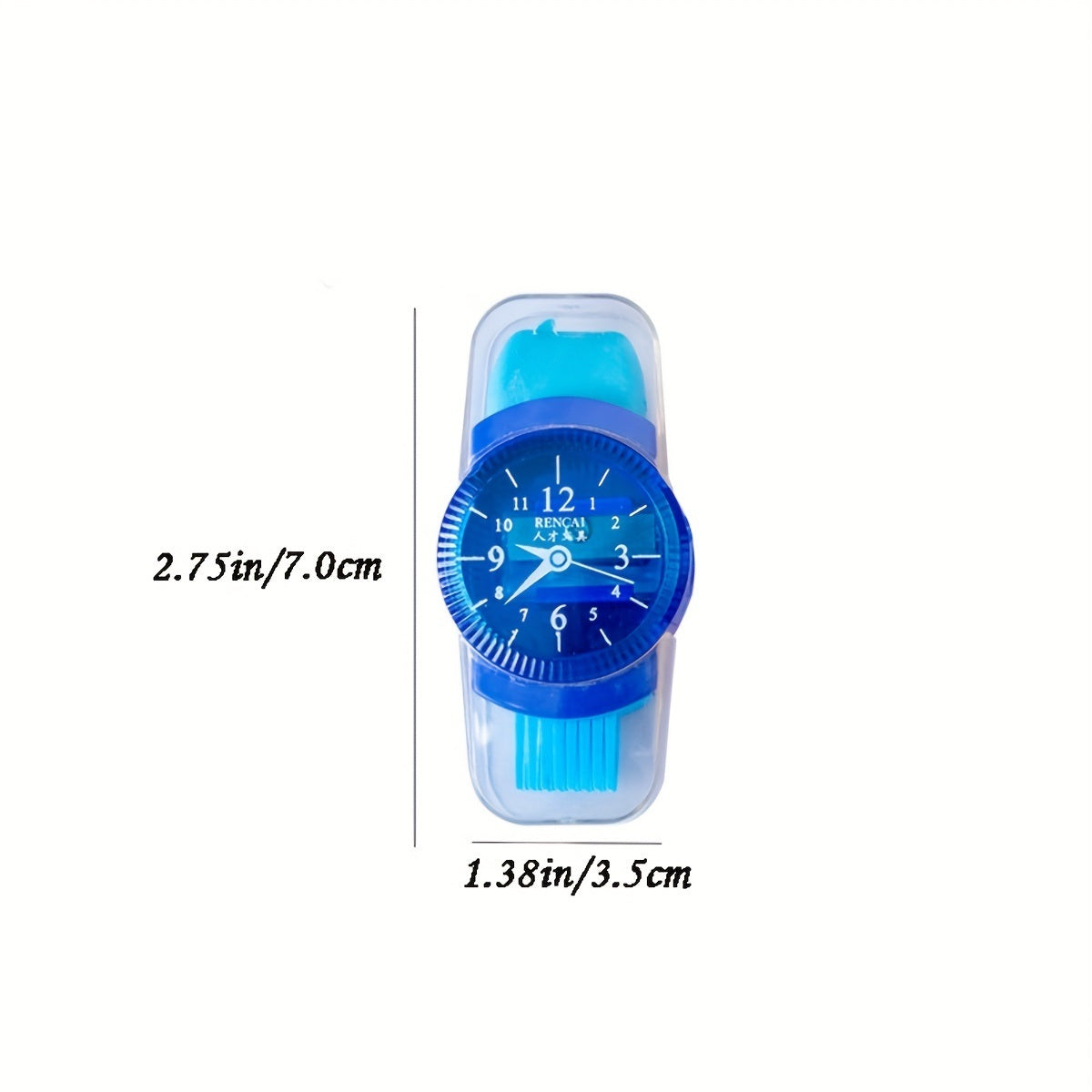 Four 4pcs Creative Watch Shape Pencil Sharpeners with translucent bands are elegantly displayed in a row against a light background. Each sharpener features a distinctively colored strap and matching dial, designed to complement any outfit stylishly.