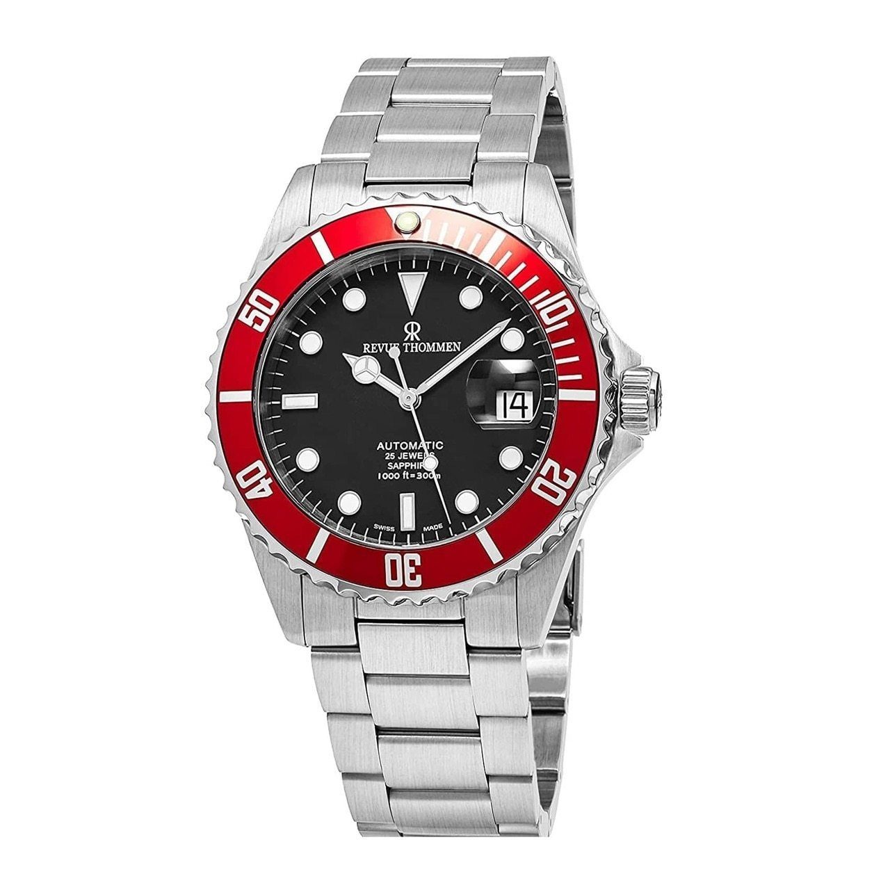 A Revue Thommen 17571.2136 Diver XL Stainless Steel Red Bezel Black Dial Men's Automatic Watch with red bezel.