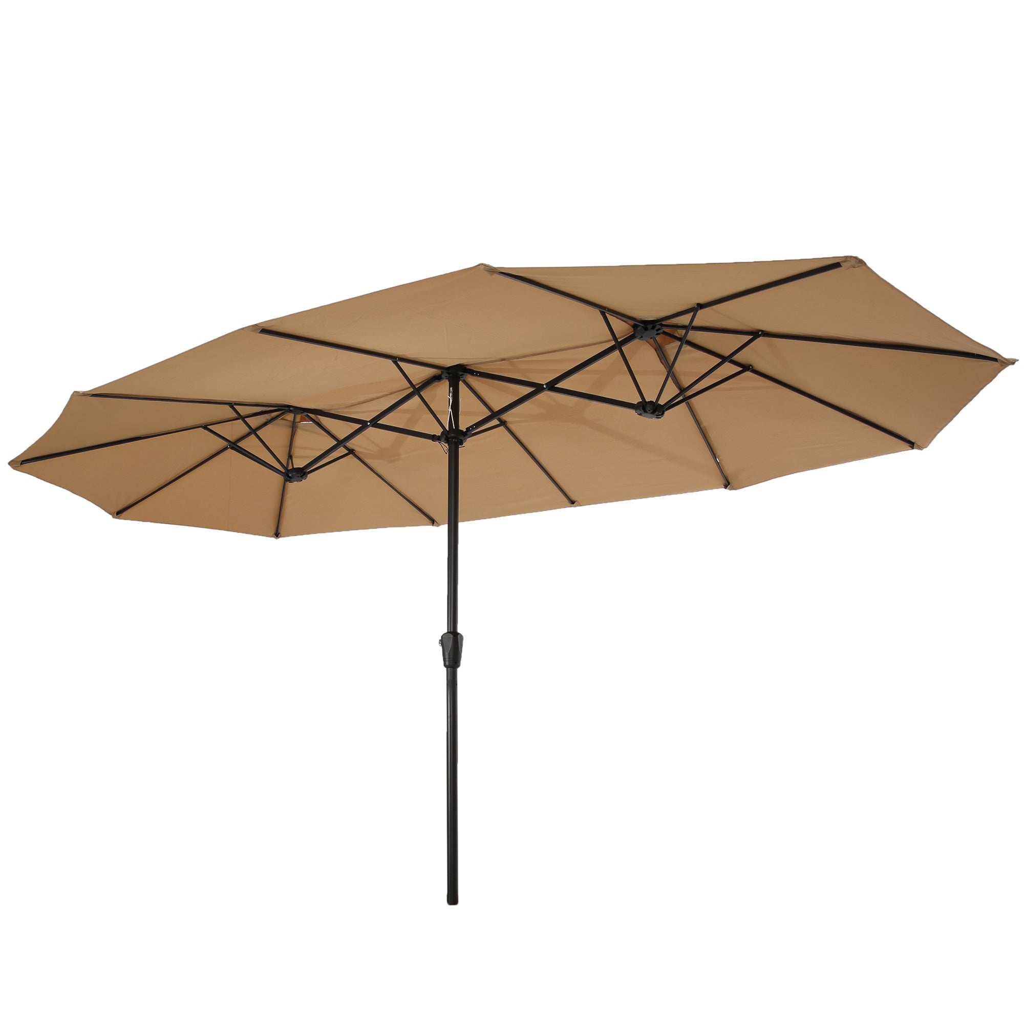 A 15x9ft Large Double-Sided Rectangular Outdoor Twin Patio Market Umbrella w/Crank- taupe on a white background.