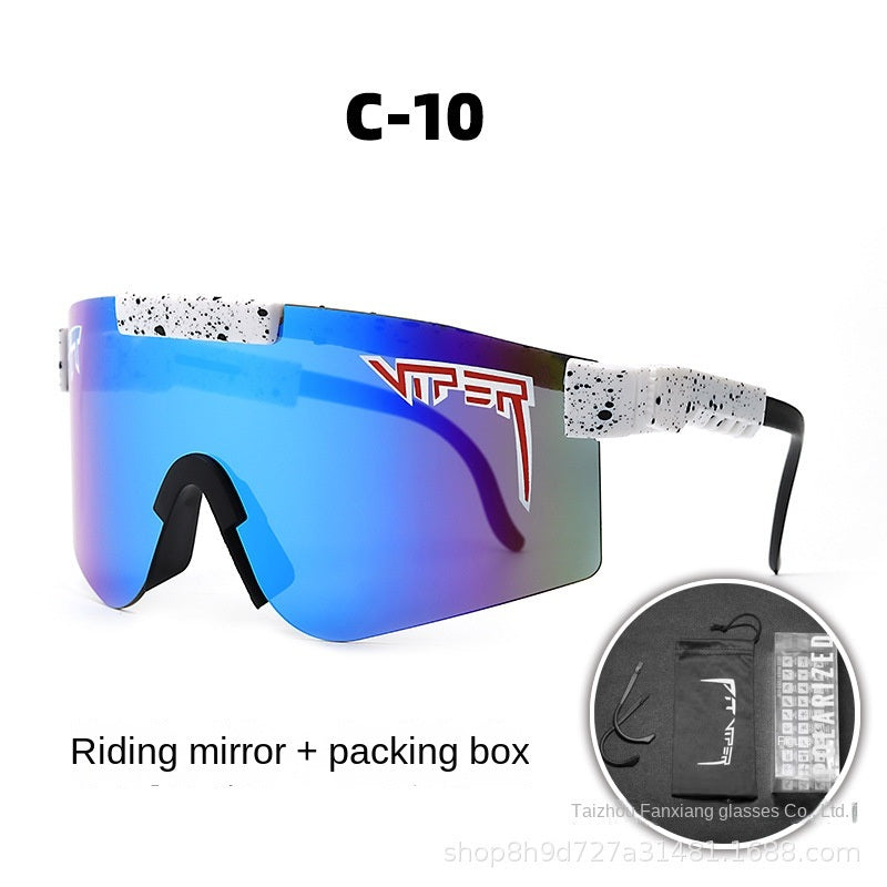 A pair of Pits Viper Riding Glasses Outdoor Sports Sunglasses for men, featuring "VIPER" branding on the lens and frame, with a red and white pattern on the arms. Designed for outdoor sports, they offer UV400 protection and come labeled "C-21," including a riding mirror and packing box.