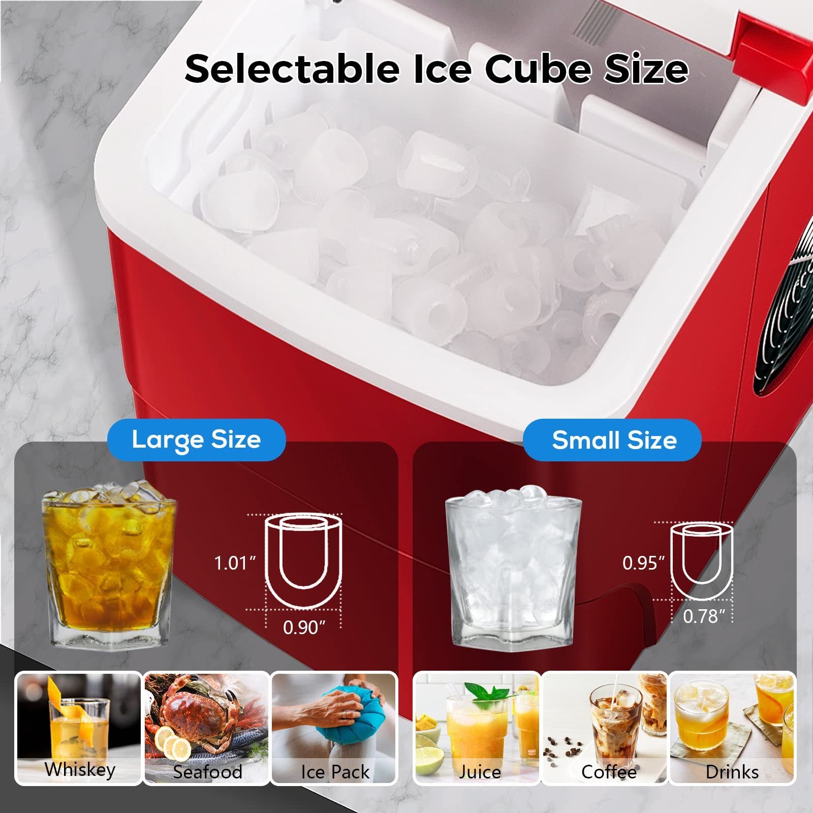 A portable Compact Ice Maker with a viewing window on the lid, displaying ice cubes inside, accompanied by a scoop resting beside it.