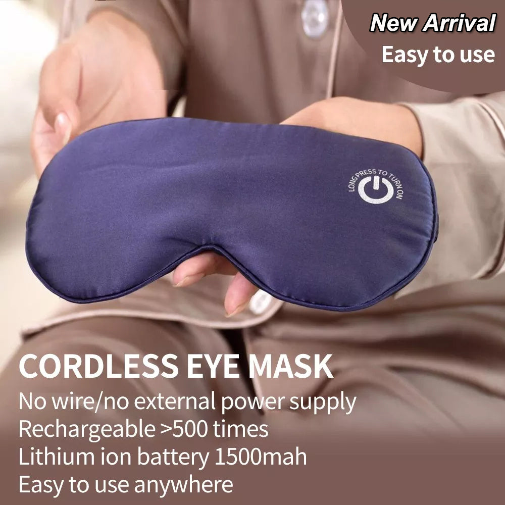 A black New Cordless Heated Eye Mask for Dry Eyes USB Rechargeable Warming Therapy Graphene Heating Reusable Real Silk Sleep Eye Mask with a gold box for relief dry eyes and eye fatigue.